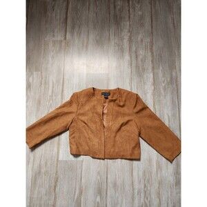 Jessica Howard Faux Suede Crop Jacket Blazer Open 3/4 Sleeve Brown Lined Sz 10